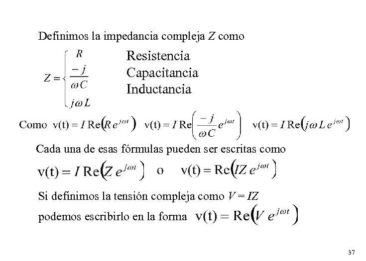 Definimos la impedancia compleja Z como Resistencia Capacitancia Inductancia Cada una de esas fórmulas