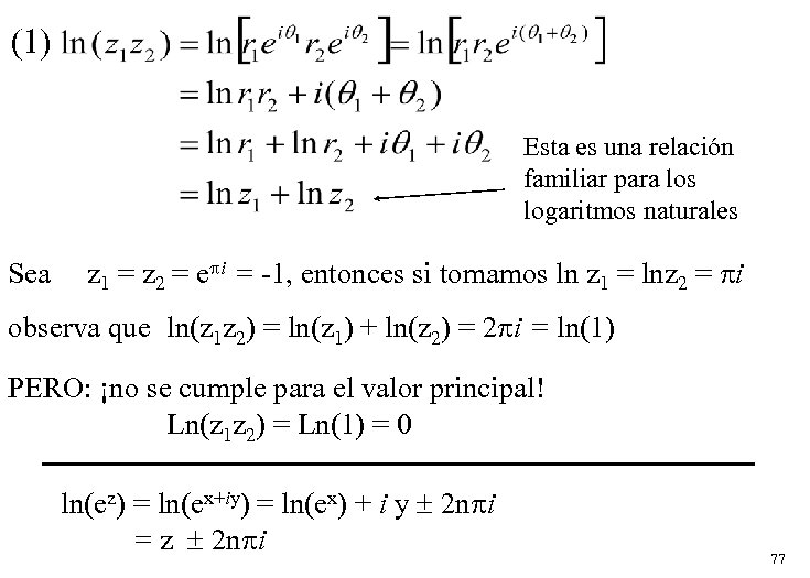 (1) Esta es una relación familiar para los logaritmos naturales Sea z 1 =