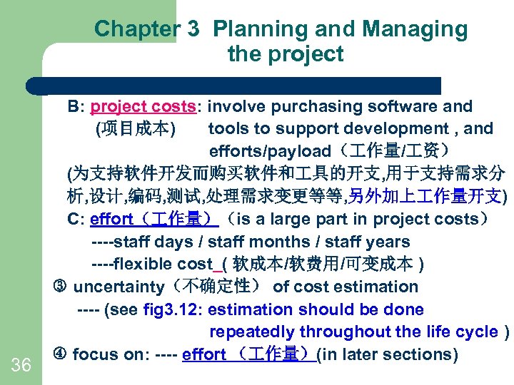 Chapter 3 Planning and Managing the project 36 B: project costs: involve purchasing software