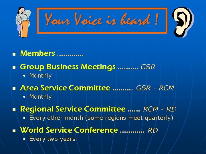 Your Voice is heard ! n Members …………. n Group Business Meetings ………. GSR