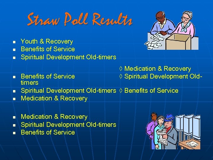 Straw Poll Results n n n n n Youth & Recovery Benefits of Service