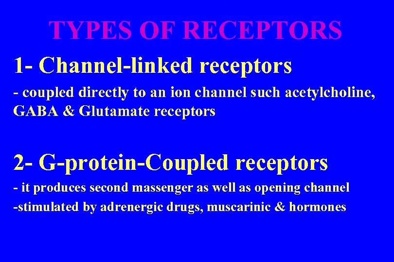 TYPES OF RECEPTORS 1 - Channel-linked receptors - coupled directly to an ion channel