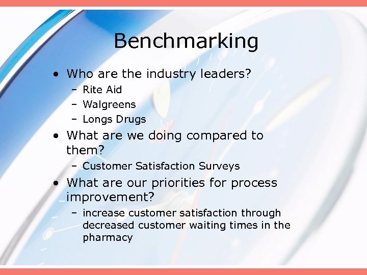 Benchmarking • Who are the industry leaders? – Rite Aid – Walgreens – Longs