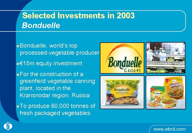 Selected Investments in 2003 Bonduelle l Bonduelle, world’s top processed-vegetable producer l € 15