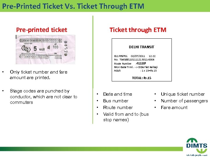 Pre-Printed Ticket Vs. Ticket Through ETM Pre-printed ticket Ticket through ETM DELHI TRANSIT •