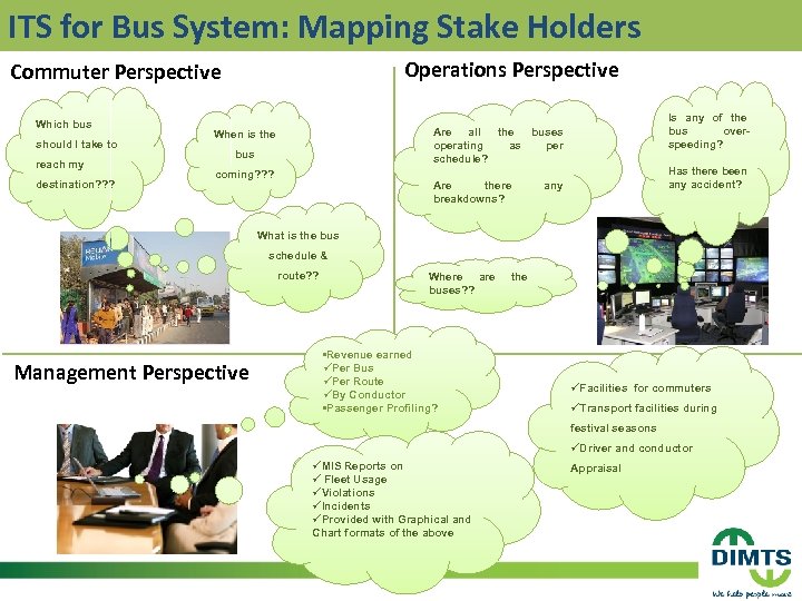 ITS for Bus System: Mapping Stake Holders Operations Perspective Commuter Perspective Which bus should