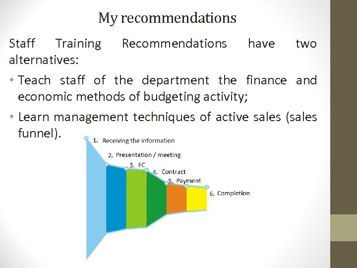 My recommendations Staff Training Recommendations have two alternatives: • Teach staff of the department