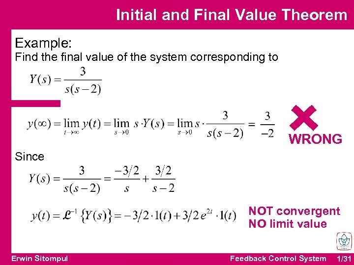 Initial and Final Value Theorem Example: Find the final value of the system corresponding