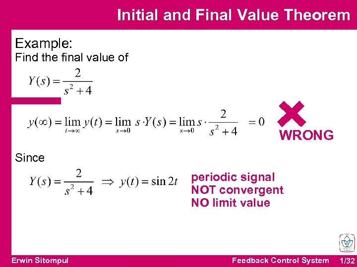 Initial and Final Value Theorem Example: Find the final value of WRONG Since periodic