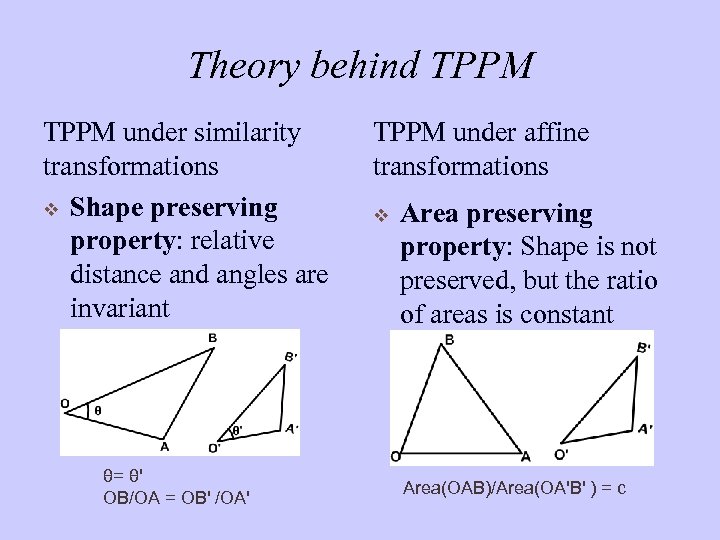 Theory behind TPPM under similarity transformations v Shape preserving property: relative distance and angles