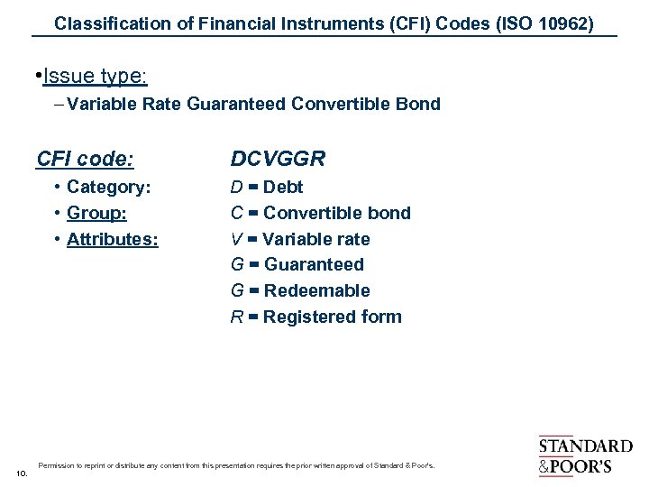 Classification of Financial Instruments (CFI) Codes (ISO 10962) • Issue type: – Variable Rate