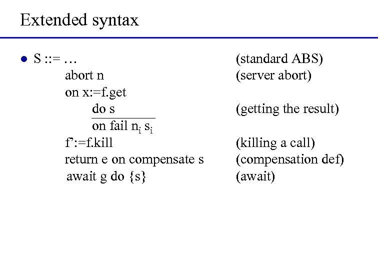 Extended syntax l S : : = … abort n on x: =f. get