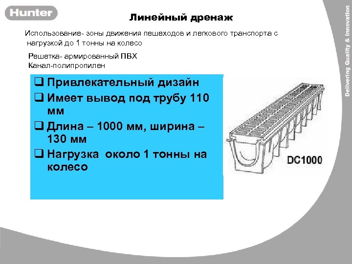 Линейный дренаж Использование- зоны движения пешеходов и легкового транспорта с нагрузкой до 1 тонны