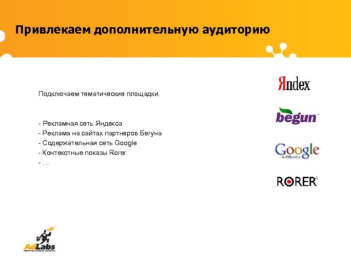 Привлекаем дополнительную аудиторию Подключаем тематические площадки. - Рекламная сеть Яндекса - Реклама на сайтах