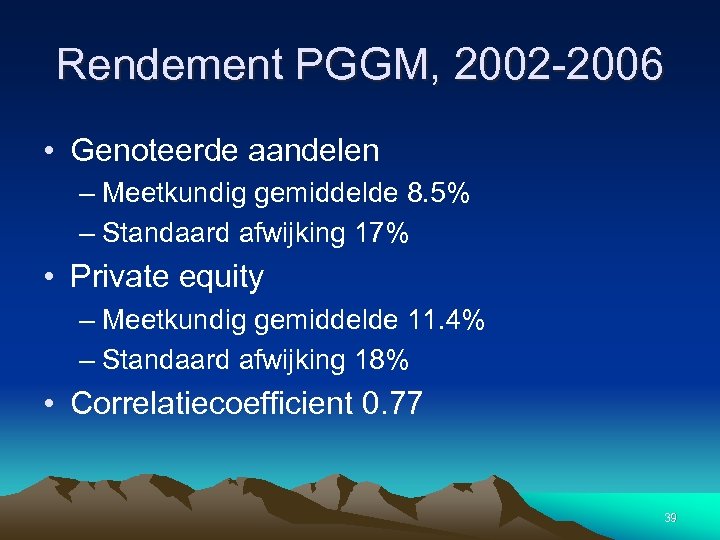 Rendement PGGM, 2002 -2006 • Genoteerde aandelen – Meetkundig gemiddelde 8. 5% – Standaard