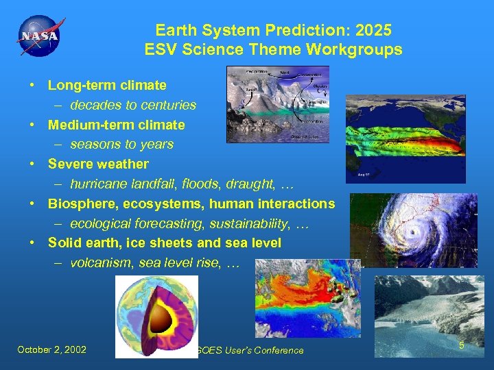 Earth System Prediction: 2025 ESV Science Theme Workgroups • Long-term climate – decades to