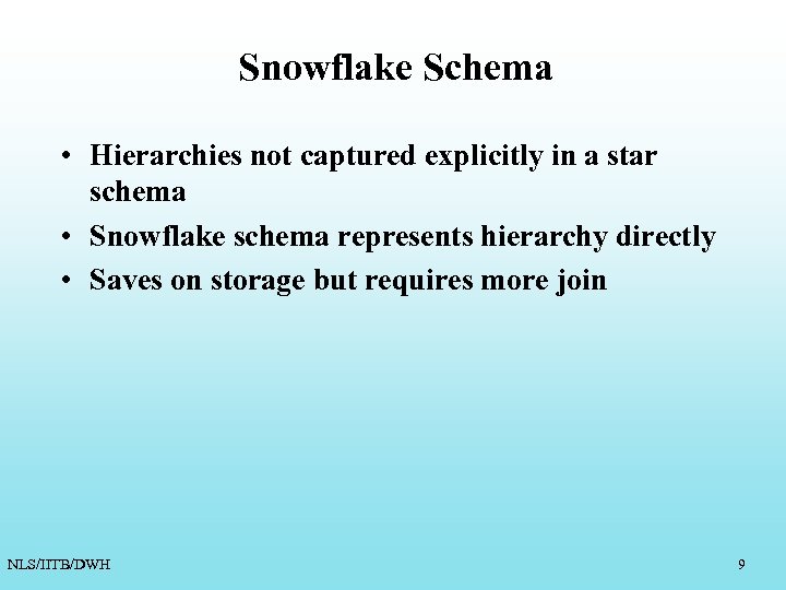 Snowflake Schema • Hierarchies not captured explicitly in a star schema • Snowflake schema