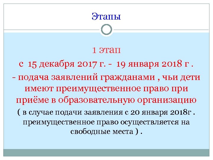 Этапы 1 этап с 15 декабря 2017 г. - 19 января 2018 г. -