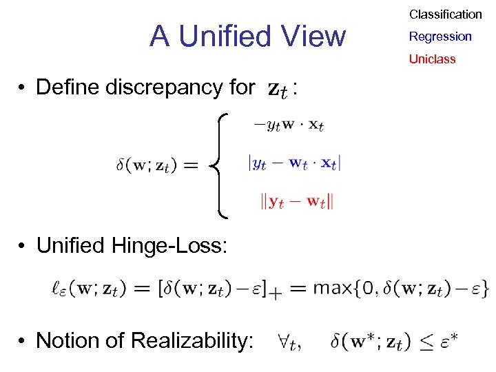 A Unified View • Define discrepancy for • Unified Hinge-Loss: • Notion of Realizability: