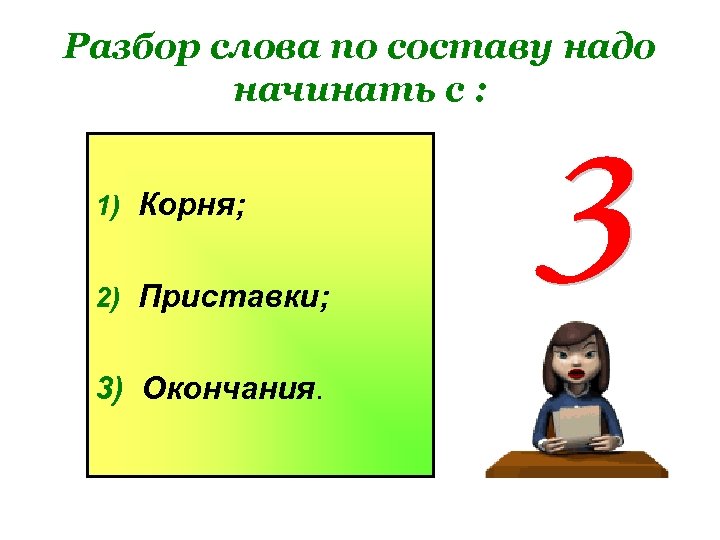 Разбор слова по составу надо начинать с : 1) Корня; 2) Приставки; 3) Окончания.