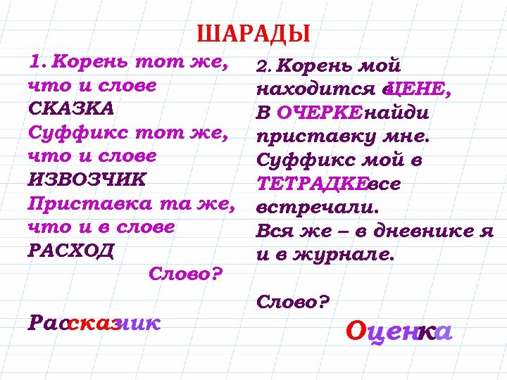 ШАРАДЫ 1. Корень тот же, что и слове СКАЗКА Суффикс тот же, что и