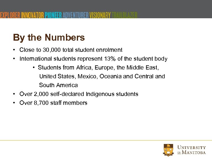 By the Numbers • Close to 30, 000 total student enrolment • International students