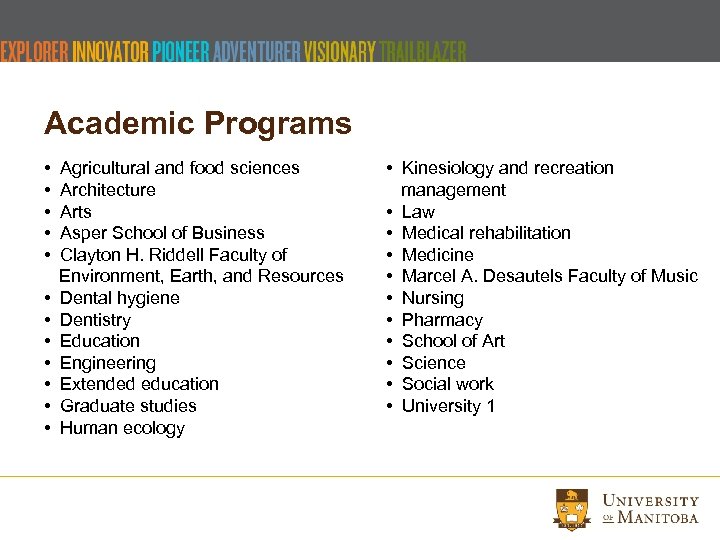 Academic Programs • Agricultural and food sciences • Architecture • Arts • Asper School