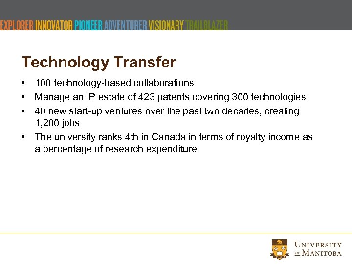 Technology Transfer • 100 technology-based collaborations • Manage an IP estate of 423 patents