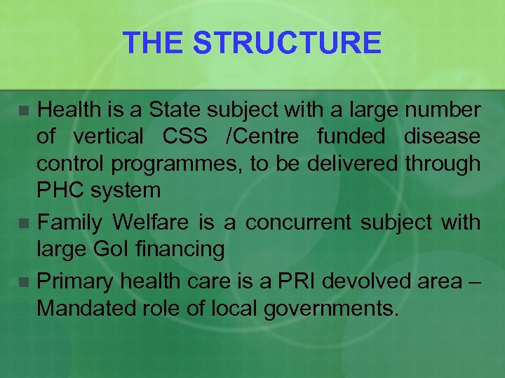 THE STRUCTURE Health is a State subject with a large number of vertical CSS