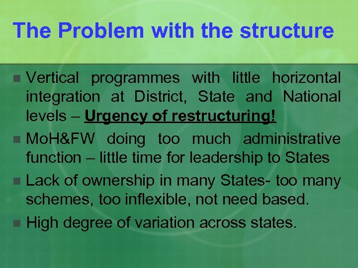 The Problem with the structure Vertical programmes with little horizontal integration at District, State