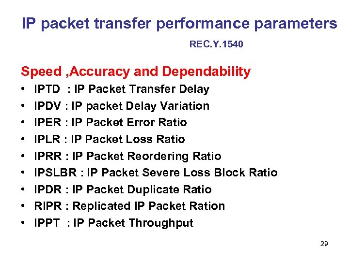 IP packet transfer performance parameters REC. Y. 1540 Speed , Accuracy and Dependability •