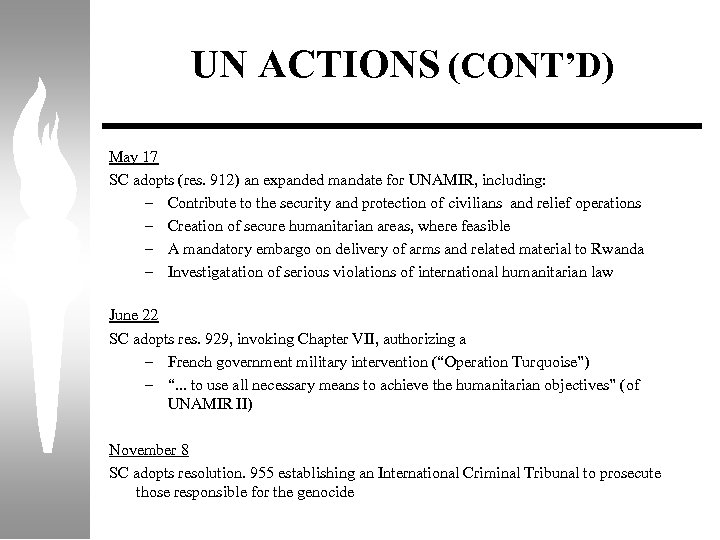UN ACTIONS (CONT’D) May 17 SC adopts (res. 912) an expanded mandate for UNAMIR,