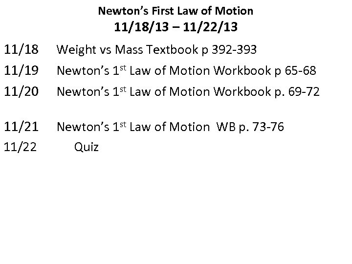 Newton’s First Law of Motion 11/18/13 – 11/22/13 11/18 11/19 11/20 Weight vs Mass