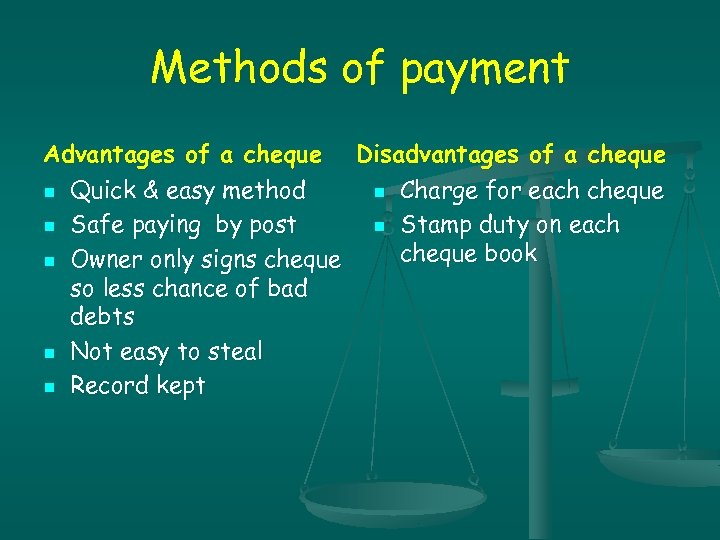 Methods of payment Advantages of a cheque Disadvantages of a cheque n Quick &