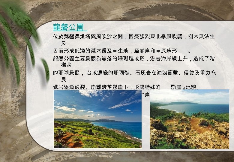 龍磐公園 位於鵝鑾鼻燈塔與風吹沙之間，因受強烈東北季風吹襲，樹木無法生 長， 因而形成低矮的灌木叢及草生地，屬崩崖和草原地形 。 龍磐公園主要景觀為崩落的珊瑚礁地形，沿著海岸線上升，造成了階 梯狀 的珊瑚景觀， 台地邊緣的珊瑚礁、石灰岩在海浪衝擊、侵蝕及重力拖 曳， 礁岩逐漸破裂、崩離滾落懸崖下，形成特殊的 『 崩崖 』