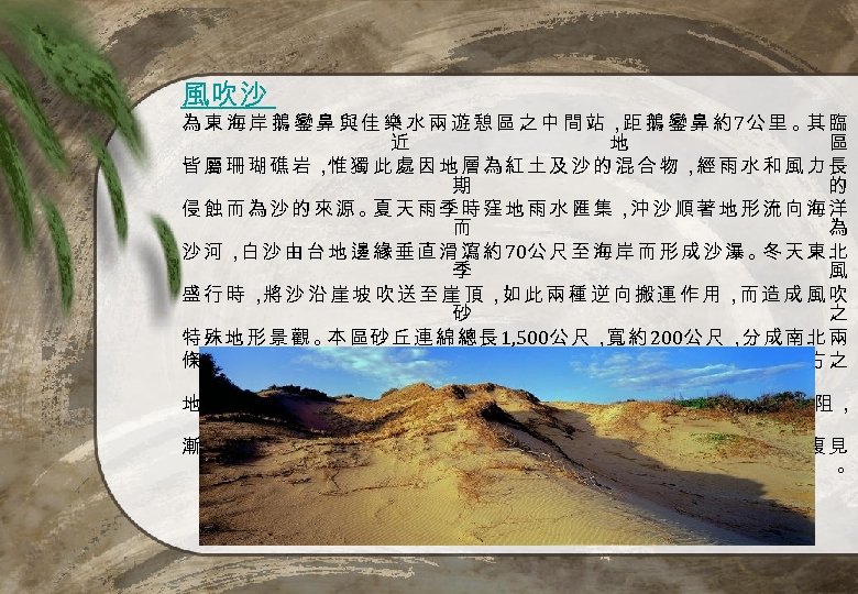 風吹沙 為 東 海 岸 鵝 鑾 鼻 與 佳 樂 水 兩 遊