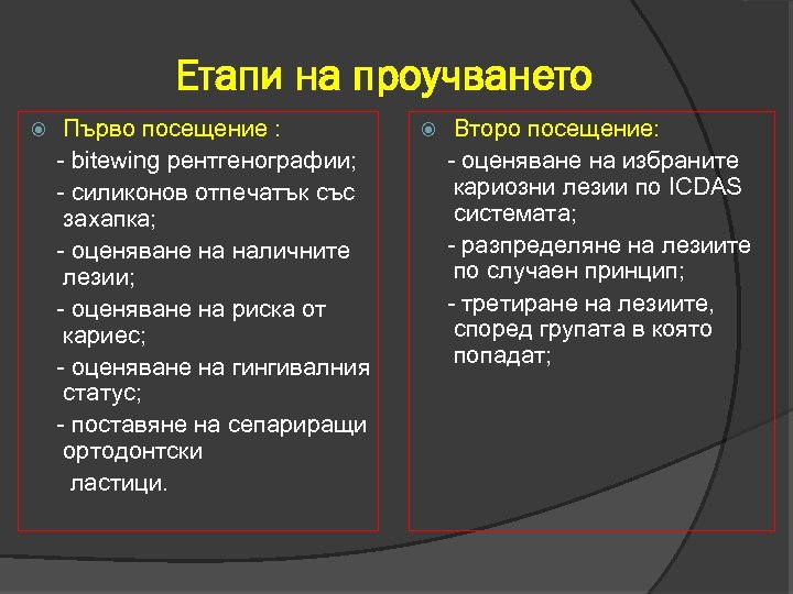 Етапи на проучването Първо посещение : - bitewing рентгенографии; - силиконов отпечатък със захапка;