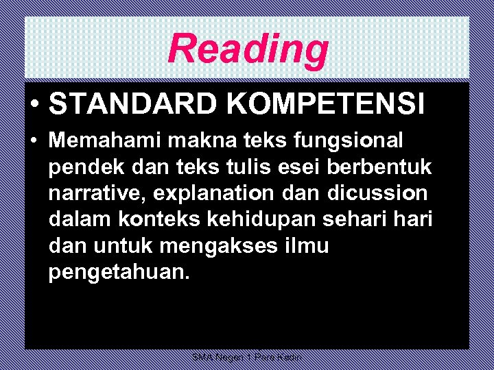 Reading • STANDARD KOMPETENSI • Memahami makna teks fungsional pendek dan teks tulis esei