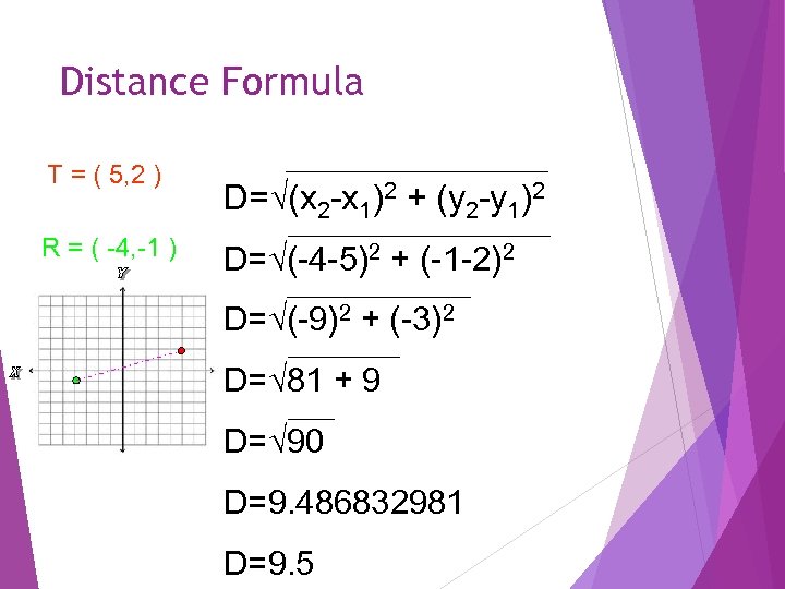 Distance Formula T = ( 5, 2 ) R = ( -4, -1 )