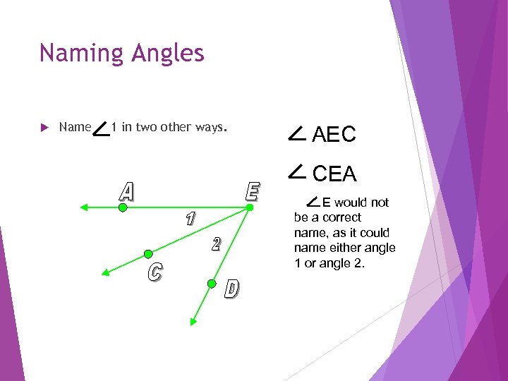 Naming Angles Name 1 in two other ways. AEC CEA E would not be