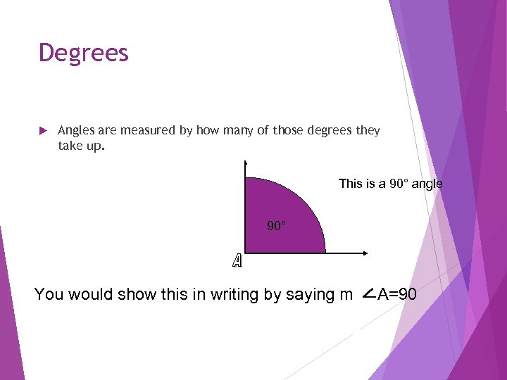 Degrees Angles are measured by how many of those degrees they take up. This