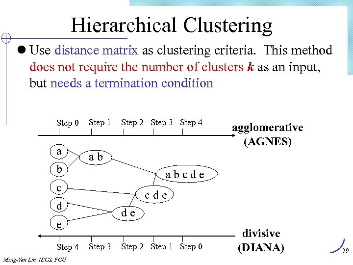 Hierarchical Clustering l Use distance matrix as clustering criteria. This method does not require