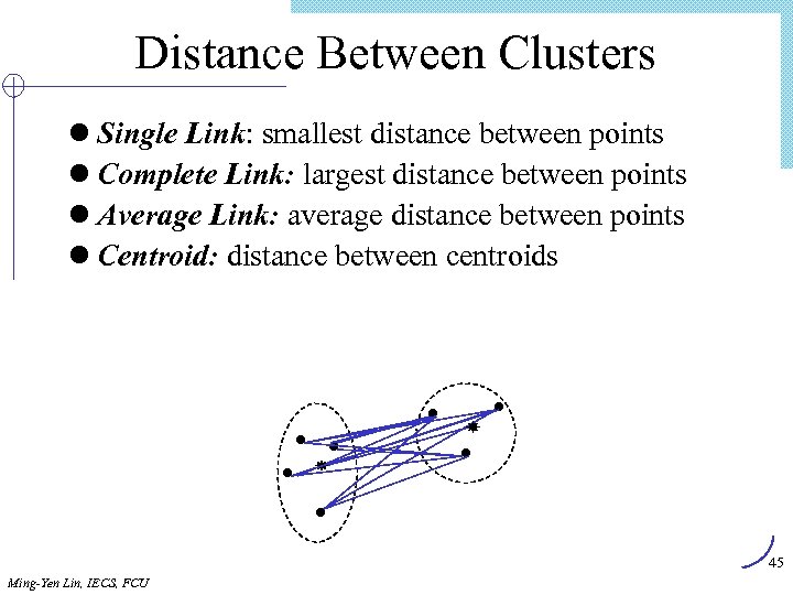 Distance Between Clusters l Single Link: smallest distance between points l Complete Link: largest