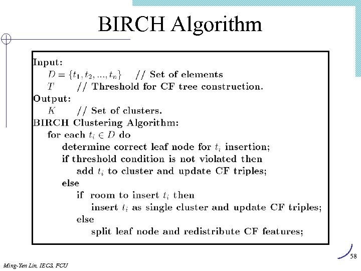 BIRCH Algorithm 58 Ming-Yen Lin, IECS, FCU 