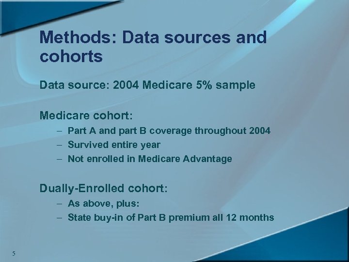Methods: Data sources and cohorts Data source: 2004 Medicare 5% sample Medicare cohort: –