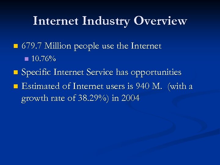 Internet Industry Overview n 679. 7 Million people use the Internet n 10. 76%