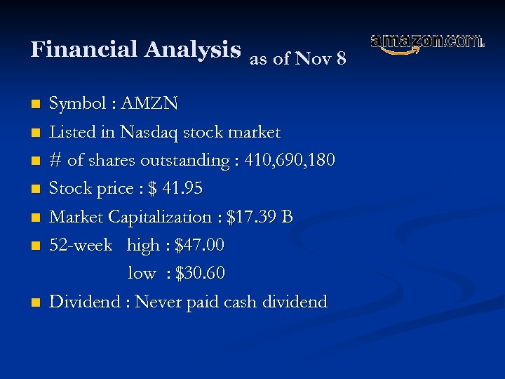 Financial Analysis as of Nov 8 n n n n Symbol : AMZN Listed