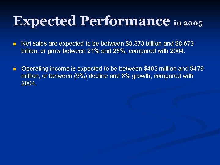 Expected Performance in 2005 n Net sales are expected to be between $8. 373