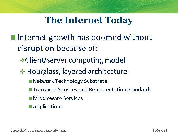 The Internet Today n Internet growth has boomed without disruption because of: v. Client/server