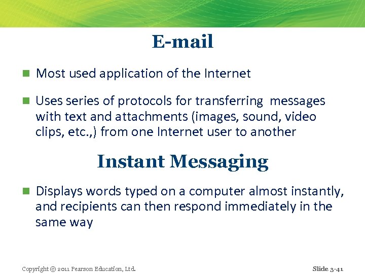 E-mail n Most used application of the Internet n Uses series of protocols for